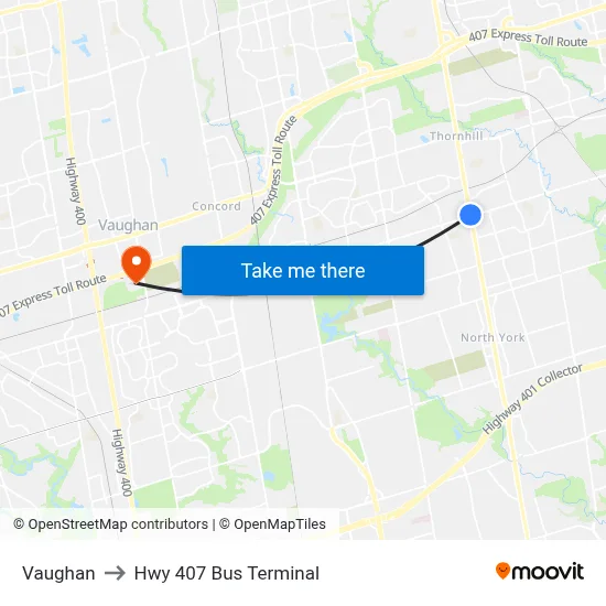 Vaughan to Hwy 407 Bus Terminal map