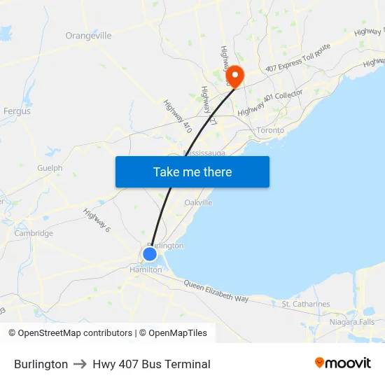 Burlington to Hwy 407 Bus Terminal map