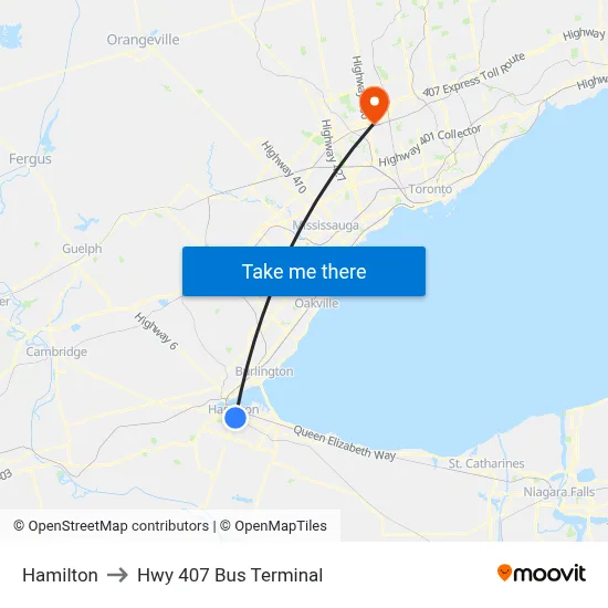 Hamilton to Hwy 407 Bus Terminal map