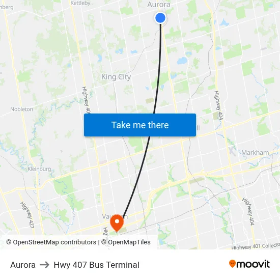 Aurora to Hwy 407 Bus Terminal map