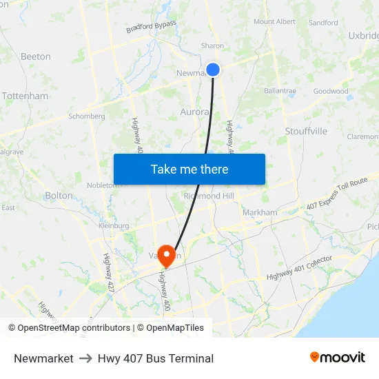 Newmarket to Hwy 407 Bus Terminal map