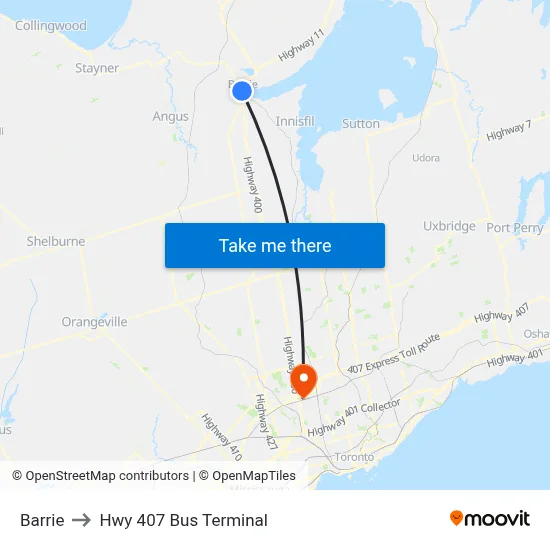 Barrie to Hwy 407 Bus Terminal map