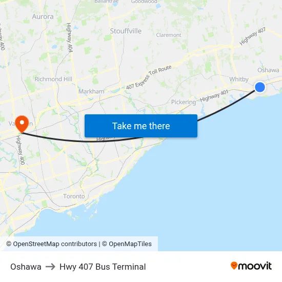 Oshawa to Hwy 407 Bus Terminal map