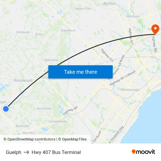 Guelph to Hwy 407 Bus Terminal map