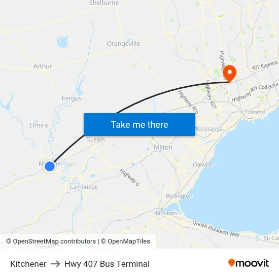 Kitchener to Hwy 407 Bus Terminal map