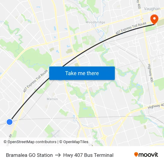 Bramalea GO Station to Hwy 407 Bus Terminal map
