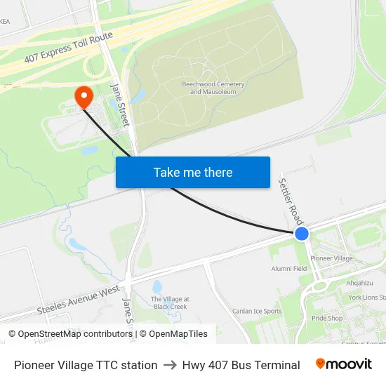 Pioneer Village TTC station to Hwy 407 Bus Terminal map