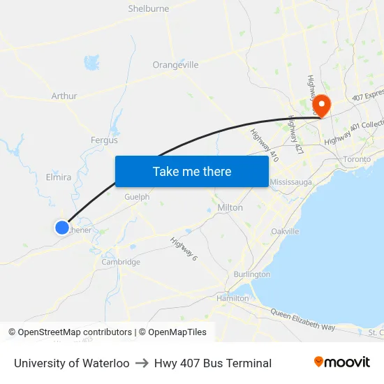 University of Waterloo to Hwy 407 Bus Terminal map