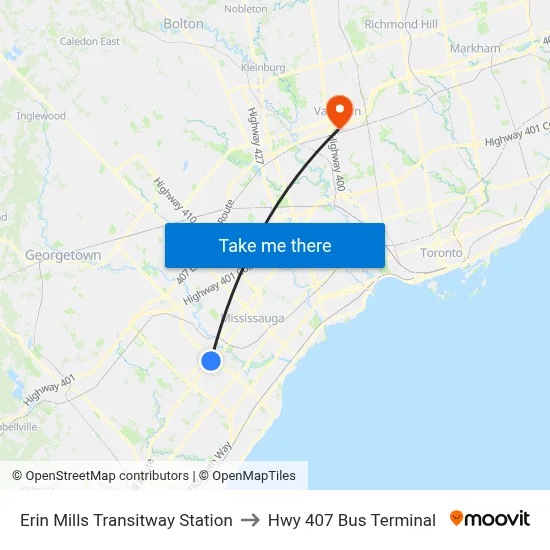 Erin Mills Transitway Station to Hwy 407 Bus Terminal map