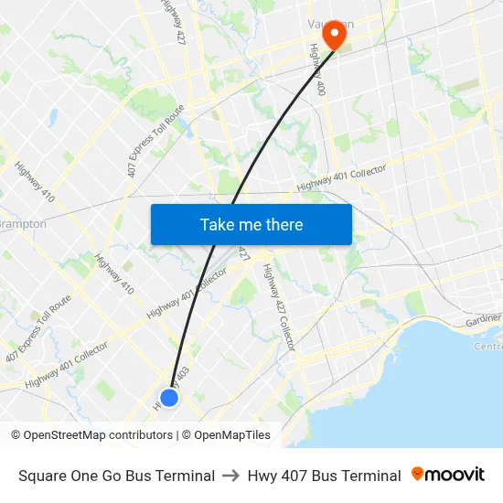 Square One Go Bus Terminal to Hwy 407 Bus Terminal map