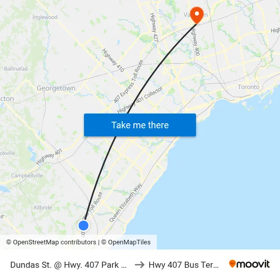 Dundas St. @ Hwy. 407 Park & Ride to Hwy 407 Bus Terminal map