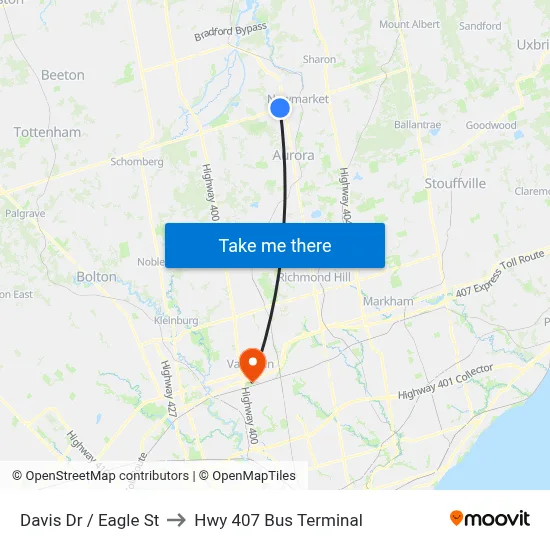 Davis Dr / Eagle St to Hwy 407 Bus Terminal map