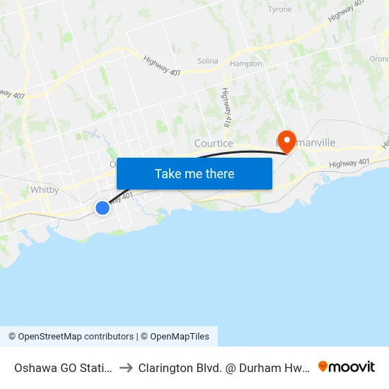 Oshawa GO Station to Clarington Blvd. @ Durham Hwy. 2 map