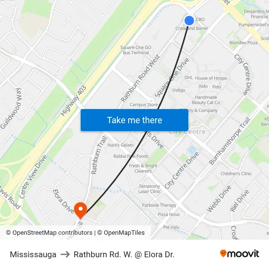 Mississauga to Rathburn Rd. W. @ Elora Dr. map
