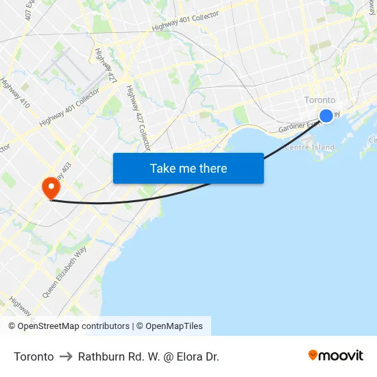 Toronto to Rathburn Rd. W. @ Elora Dr. map