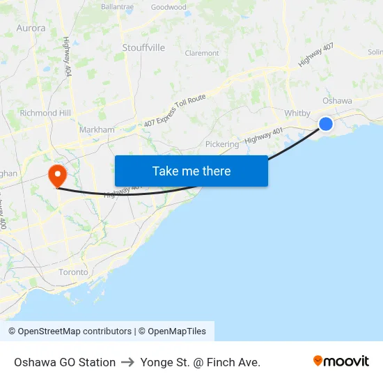 Oshawa GO Station to Yonge St. @ Finch Ave. map