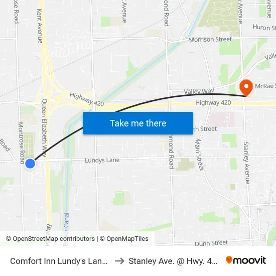 Comfort Inn Lundy's Lane, Niagara Falls to Stanley Ave. @ Hwy. 420 Park & Ride map