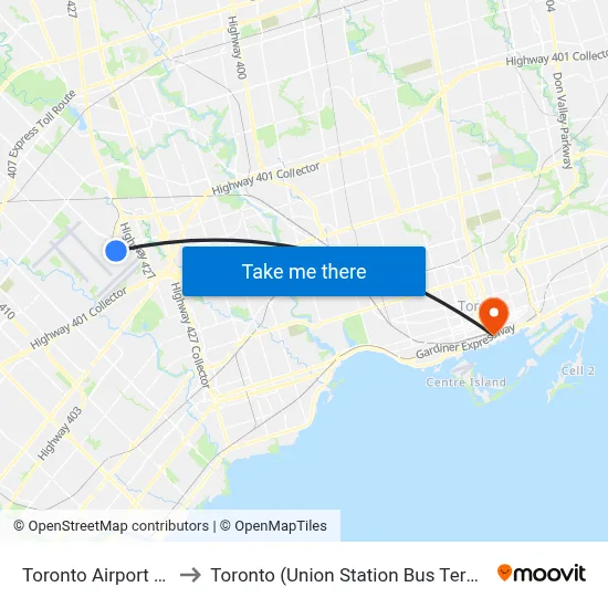 Toronto Airport YYZ to Toronto (Union Station Bus Terminal) map