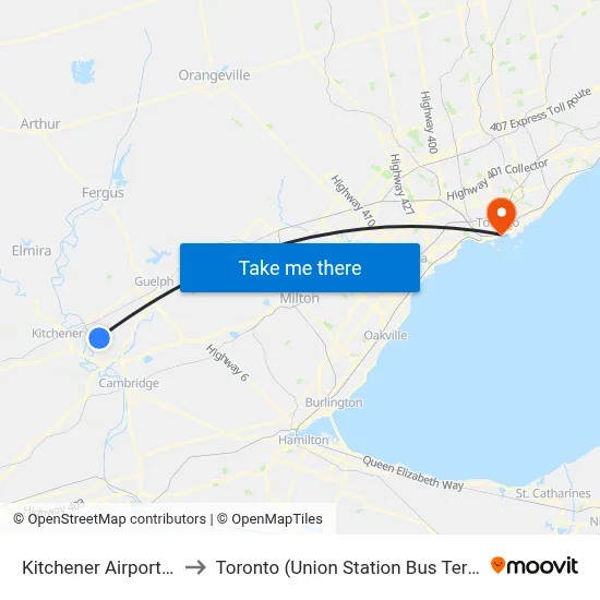 Kitchener Airport YKF to Toronto (Union Station Bus Terminal) map