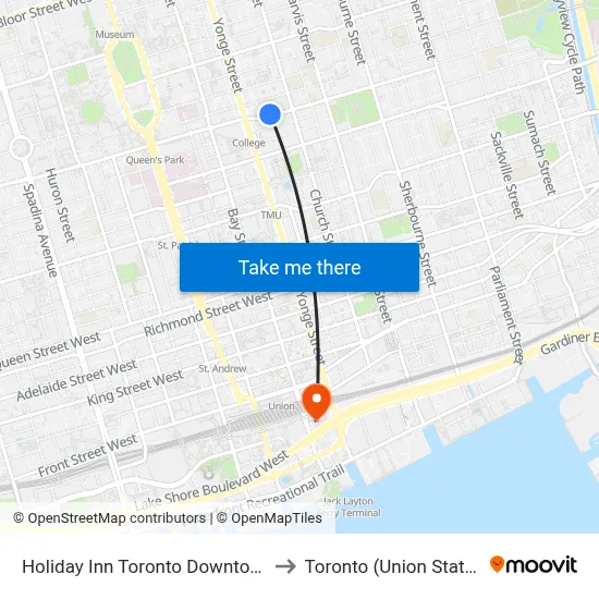 Holiday Inn Toronto Downtown Centre an IHG Hotel to Toronto (Union Station Bus Terminal) map