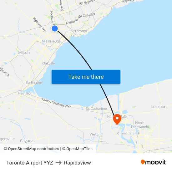 Toronto Airport YYZ to Rapidsview map