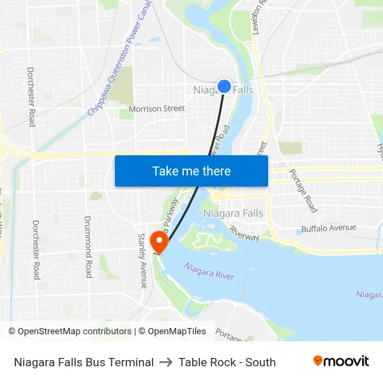 Niagara Falls Bus Terminal to Table Rock - South map