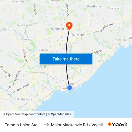 Toronto Union Station to Major Mackenzie Rd / Vogell Rd map