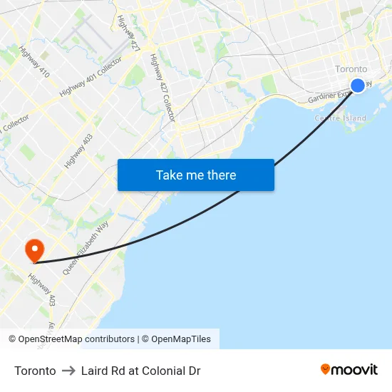 Toronto to Laird Rd at Colonial Dr map