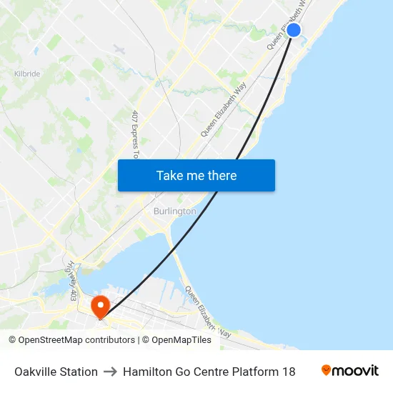 Oakville Station to Hamilton Go Centre Platform 18 map