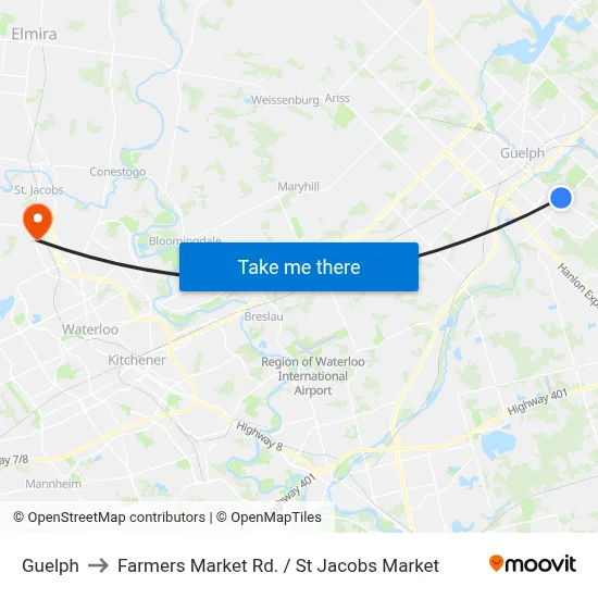 Guelph to Farmers Market Rd. / St Jacobs Market map