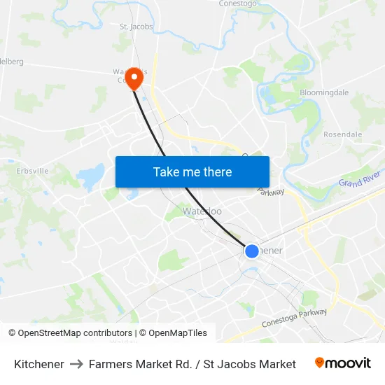 Kitchener to Farmers Market Rd. / St Jacobs Market map