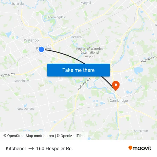 Kitchener to 160 Hespeler Rd. map