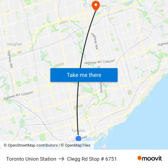 Toronto Union Station to Clegg Rd Stop # 6751 map