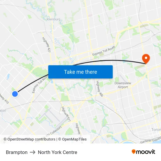 Brampton to North York Centre map
