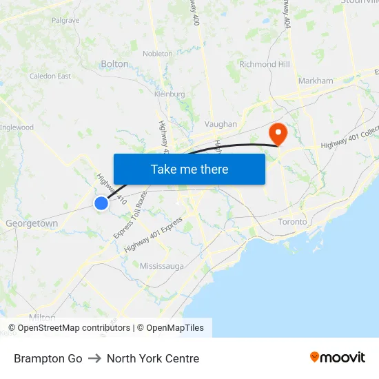 Brampton Go to North York Centre map