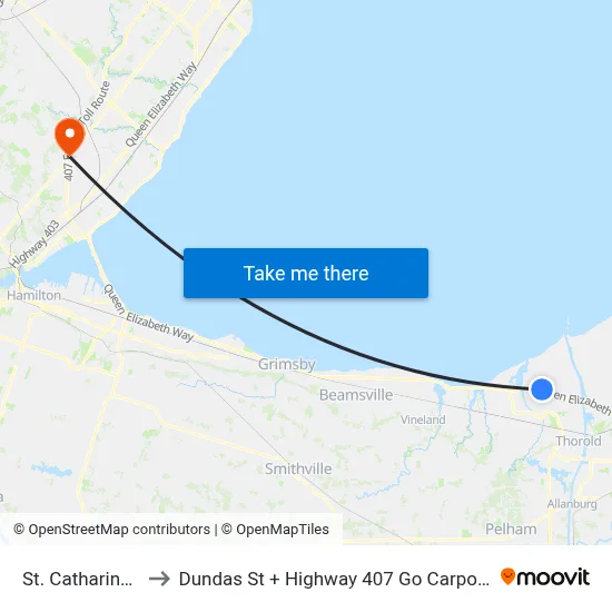 St. Catharines to Dundas St + Highway 407 Go Carpool map