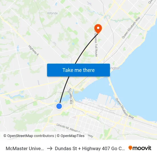McMaster University to Dundas St + Highway 407 Go Carpool map