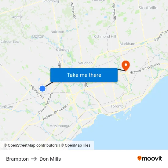 Brampton to Don Mills map