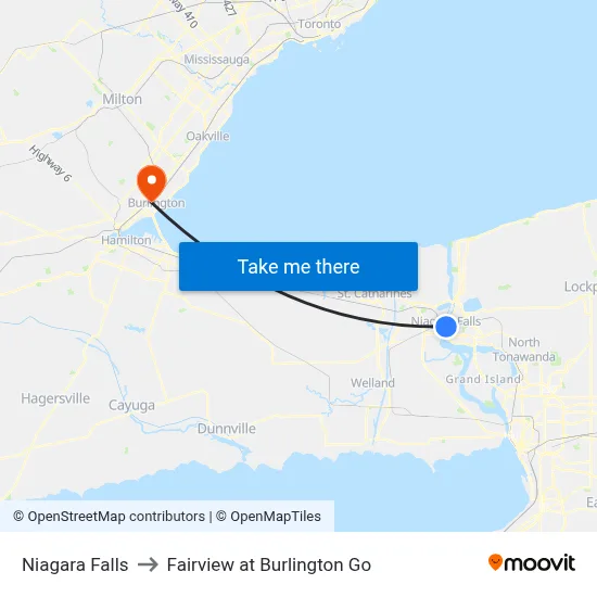 Niagara Falls to Fairview at Burlington Go map