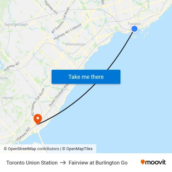 Toronto Union Station to Fairview at Burlington Go map