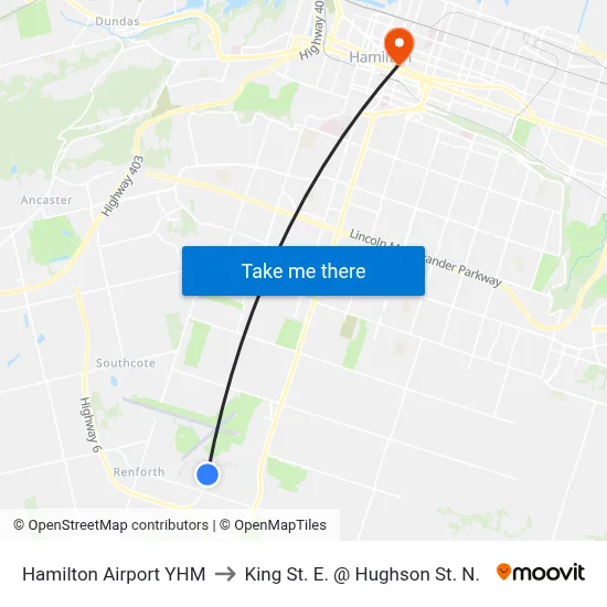 Hamilton Airport YHM to King St. E. @ Hughson St. N. map