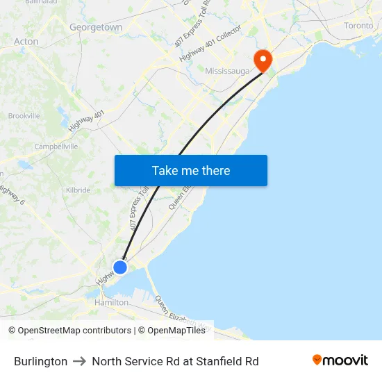 Burlington to North Service Rd at Stanfield Rd map