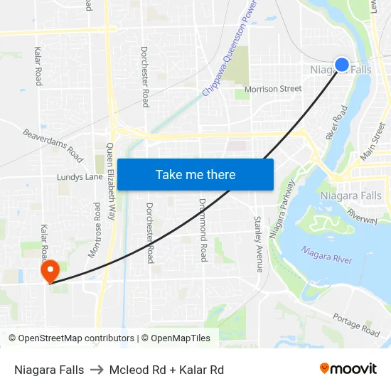 Niagara Falls to Mcleod Rd + Kalar Rd map