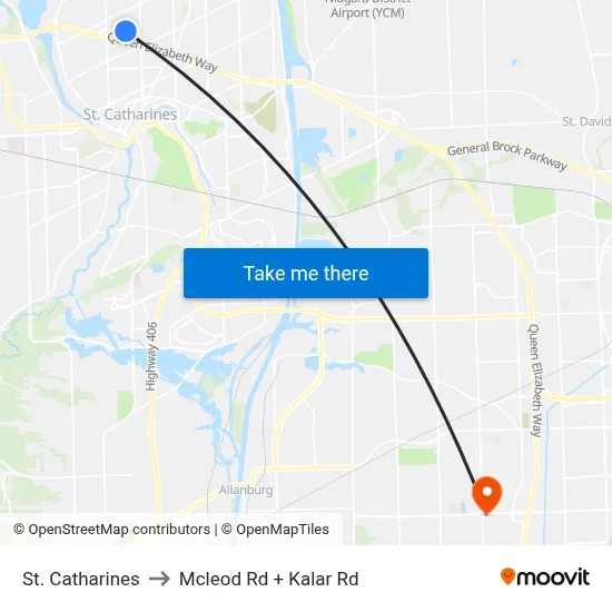 St. Catharines to Mcleod Rd + Kalar Rd map