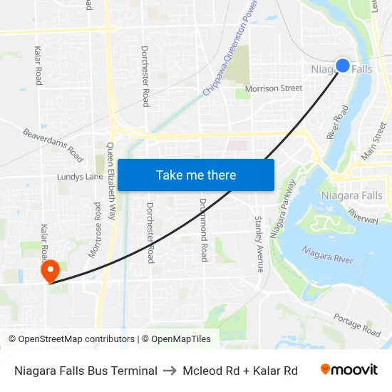 Niagara Falls Bus Terminal to Mcleod Rd + Kalar Rd map