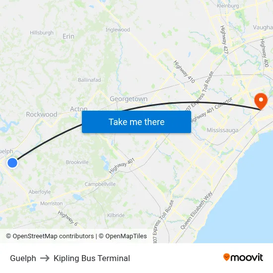 Guelph to Kipling Bus Terminal map