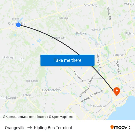 Orangeville to Kipling Bus Terminal map