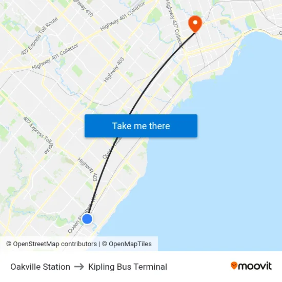 Oakville Station to Kipling Bus Terminal map