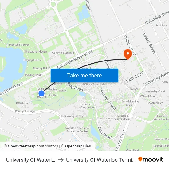 University Of Waterloo to University Of Waterloo Terminal map