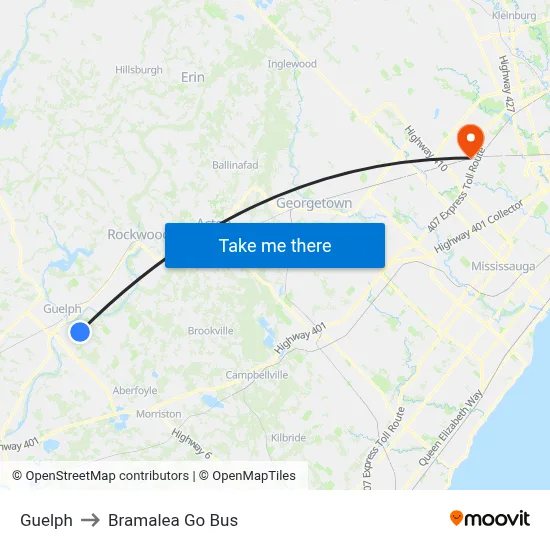 Guelph to Bramalea Go Bus map